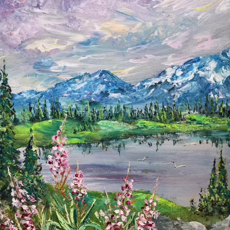 Mountain landscape Original Wall Art Oil Painting on canvas artwork impasto - 壁貼/牆壁裝飾 - 其他材質 
