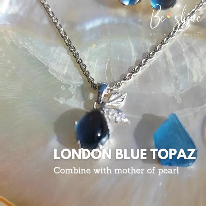 Necklace Aurora of T'Sea - Brazilian London Blue Topaz with Pearl Shell - 項鍊 - 銀 藍色