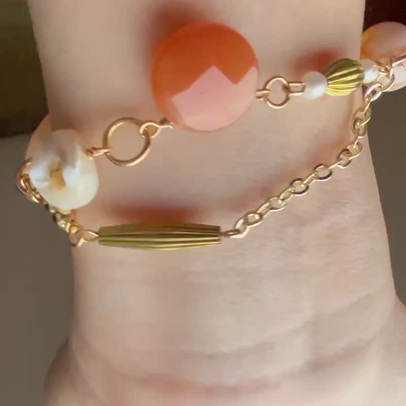 || Pink Orange Cherry Blossom || Oriental jade crystal bracelet rhodochrosite raw ore / cherry blossom agate / pearl oyster / 18K bag - สร้อยข้อมือ - คริสตัล สีส้ม