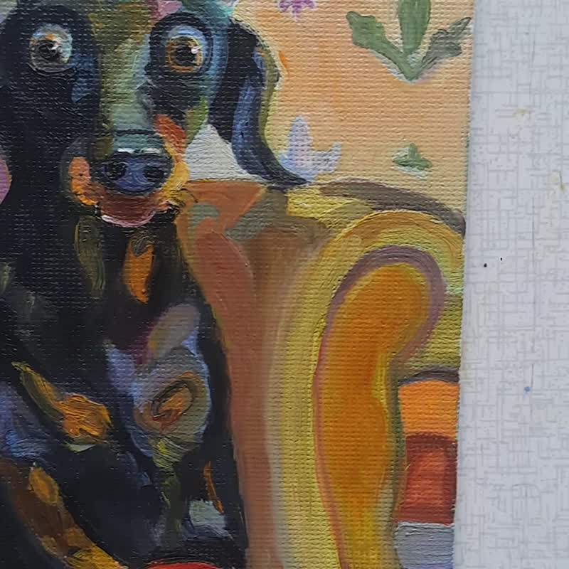 猫と犬の絵画 オリジナルアート 段ボールに描かれた小さな油絵