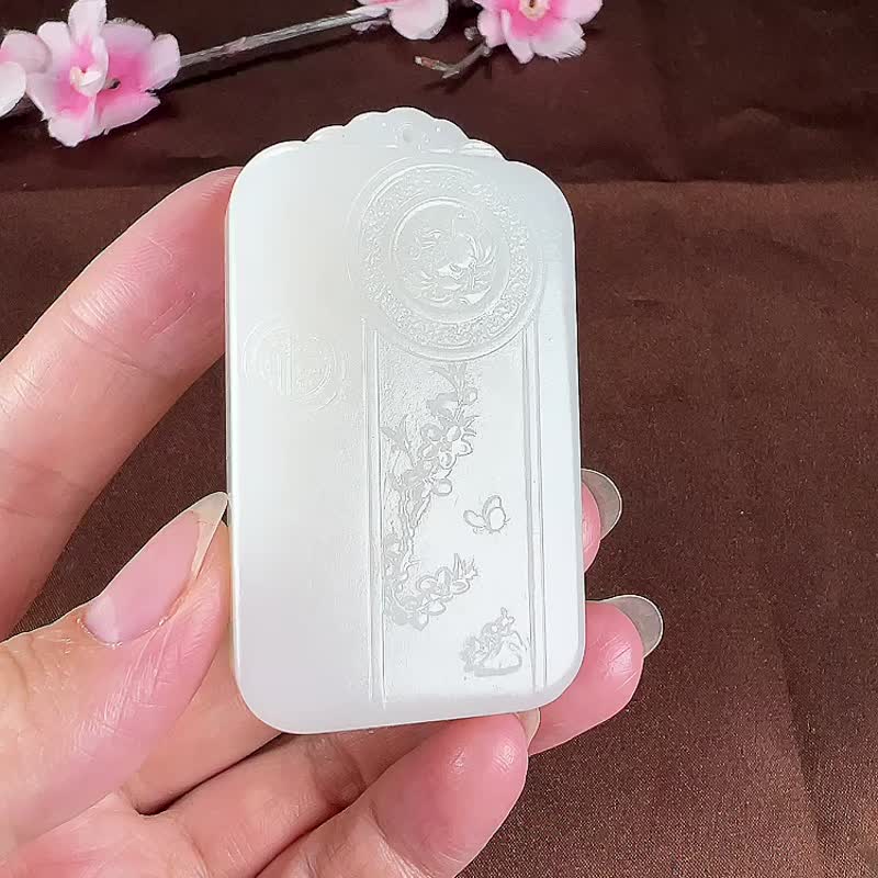 秒殺價    天然新疆和田玉羊脂玉花開富貴吊墜 - 吊飾/掛飾 - 玉石 