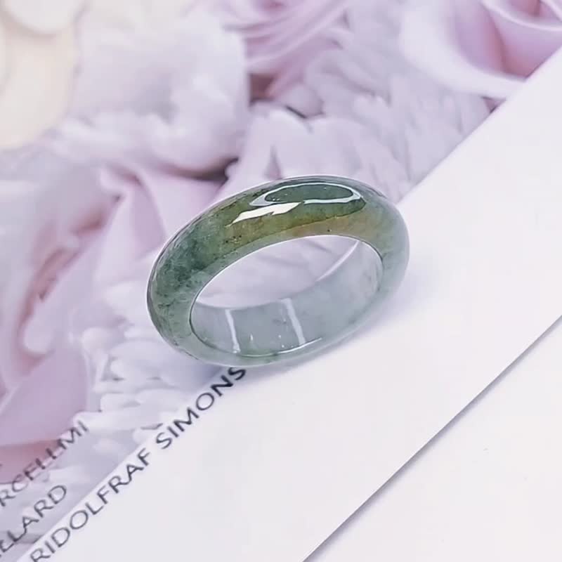 Lucky | Morandi Ice Tricolor | Burmese Jadeite A Jade Ice Autumn Fragrance Green Glue Tricolor Floating Flower Ring #11 - แหวนทั่วไป - หยก 