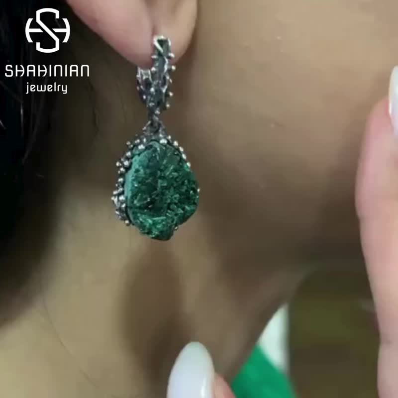 樹枝銀飾套組搭配綠色孔雀石 原石綠色寶石飾品 - 耳環/耳夾/耳骨夾 - 純銀 綠色