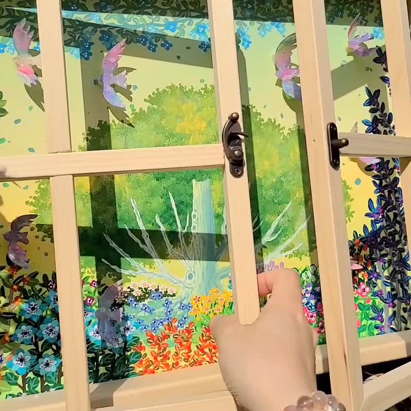 【風庭散歩/原画一点のみ】花畑　絵画　鳥　窓　花園　カラフル　かわいい　店舗ディスプレイ　日本製　ペインティング - 海報/掛畫/掛布 - 木頭 綠色