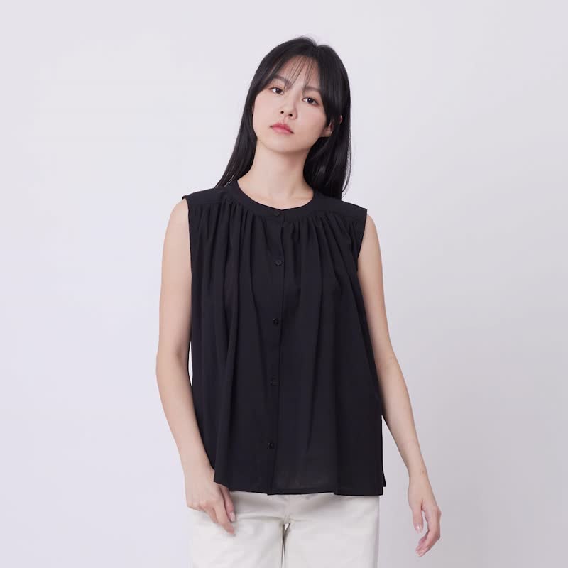 Connie  Sleevless Linen Cotton Shirt Top - เสื้อเชิ้ตผู้หญิง - ผ้าฝ้าย/ผ้าลินิน สีดำ