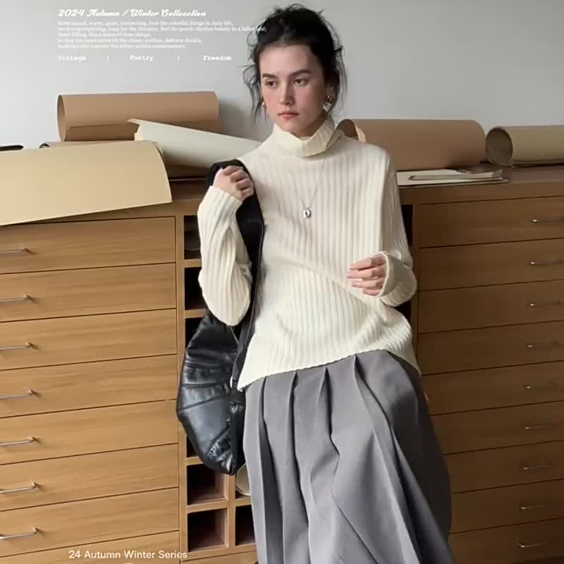 Gray/white/green lazy self-consistent French soft and glutinous skin-friendly high collar sweater autumn and winter inner loose sweater - สเวตเตอร์ผู้หญิง - ขนแกะ ขาว