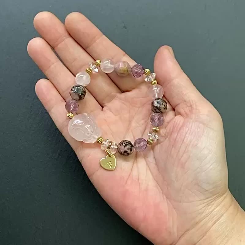 桃花招財化太歲-粉晶x紫水晶x薔薇輝石x白水晶x粉晶龍龜黃銅手鍊 - 手鍊/手環 - 水晶 多色