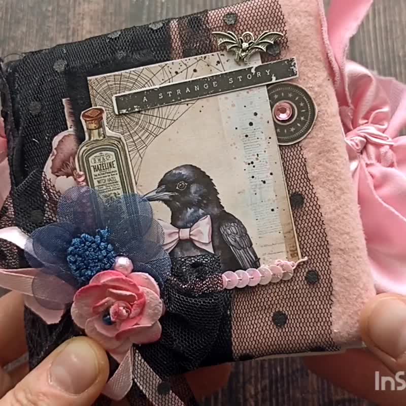 Pink Gothic Raven grimoire junk journal handmade Cute witchcraft notebook - 筆記本/手帳 - 紙 粉紅色