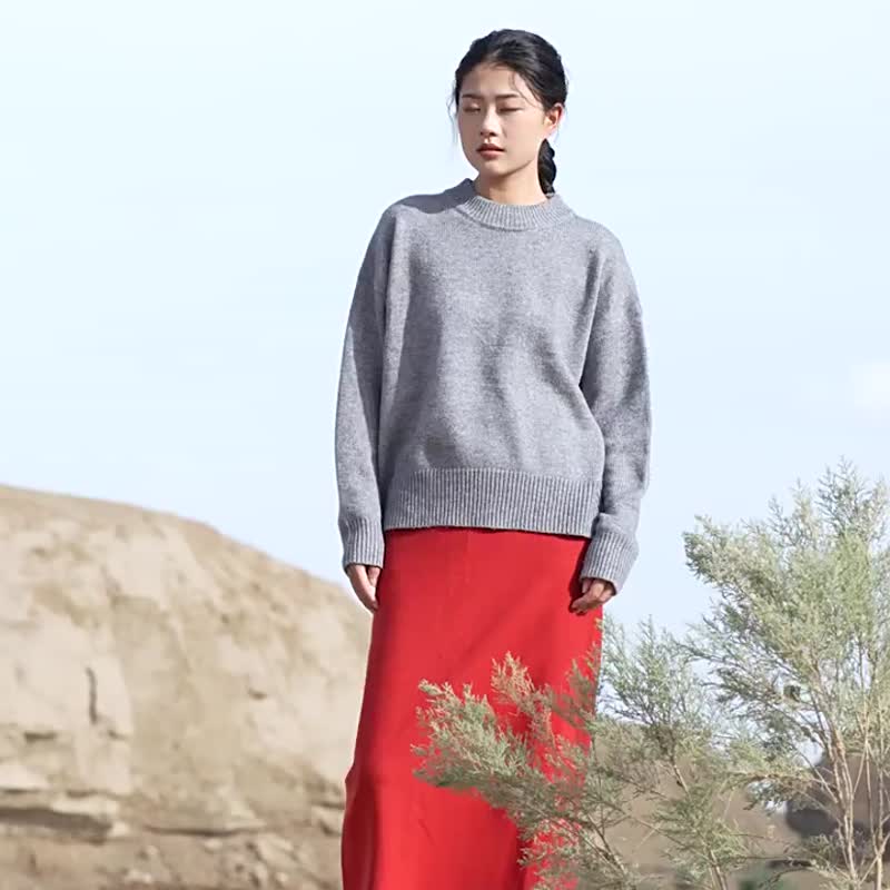 Red wool Tencel back slit skirt elastic waist straight autumn and winter long skirt - กระโปรง - ขนแกะ สีแดง