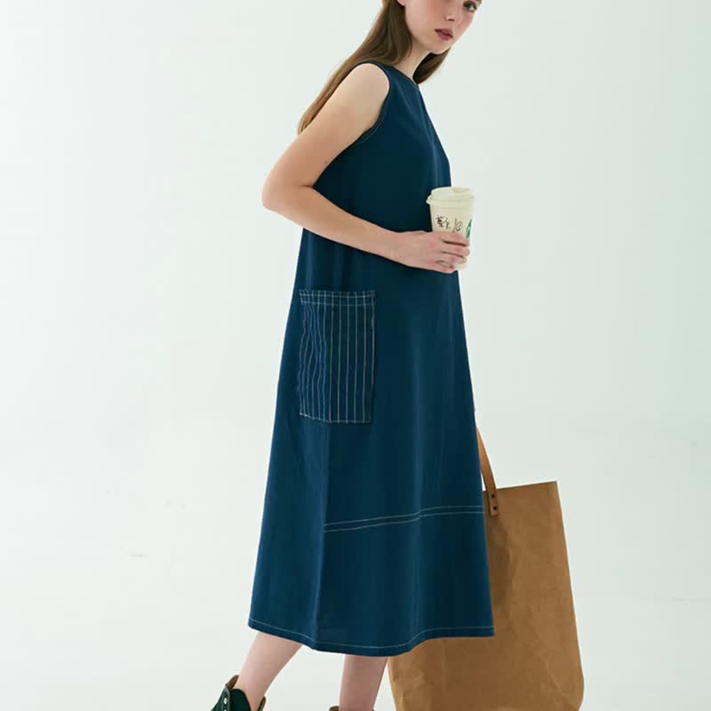 BLUE DENIM COTTON SOFT VEST DRESS - ชุดเดรส - ผ้าฝ้าย/ผ้าลินิน สีน้ำเงิน