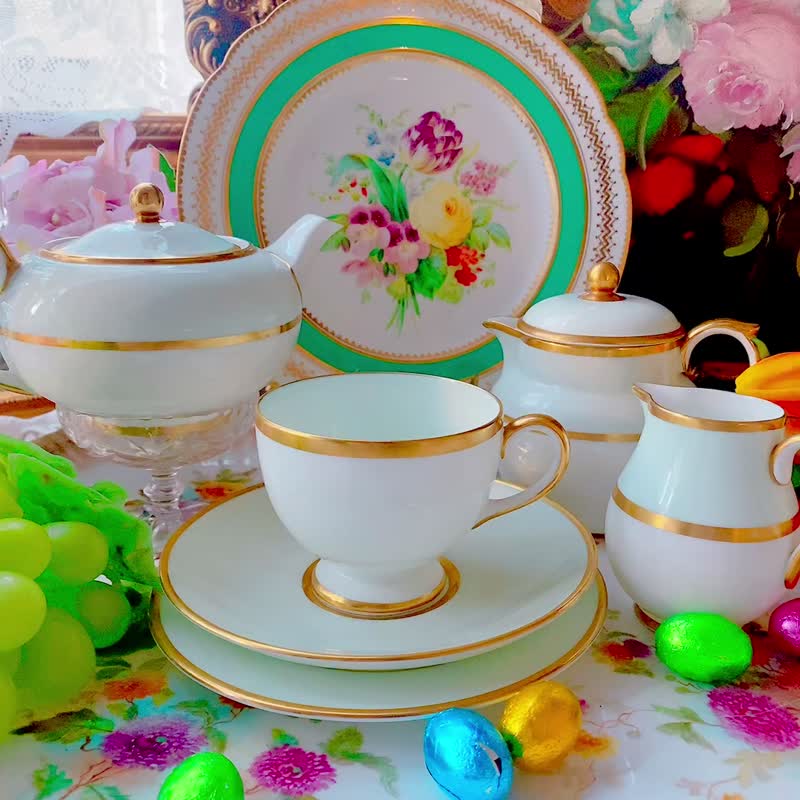 British-made Royal Wedgwood 1891 lake green three-color hand-painted gold-inlaid coffee cup and flower tea cup two-piece set - ถ้วย - เครื่องลายคราม สีเขียว
