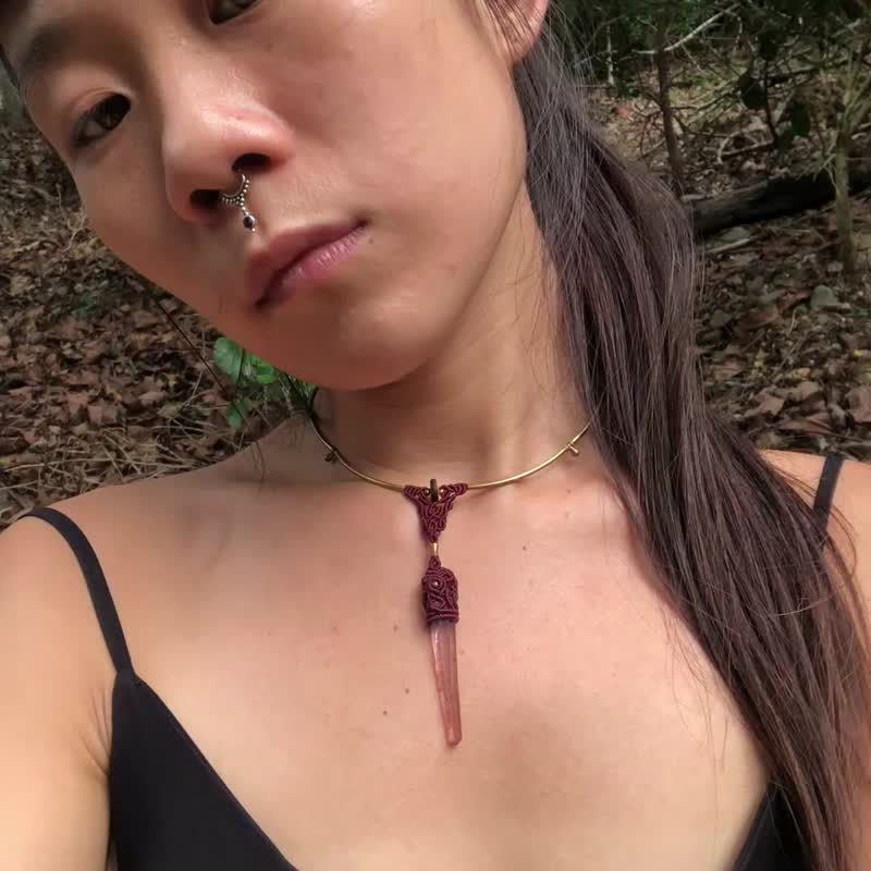 紅兔毛水晶結構式黃銅編織頸圈 - 項鍊 - 寶石 