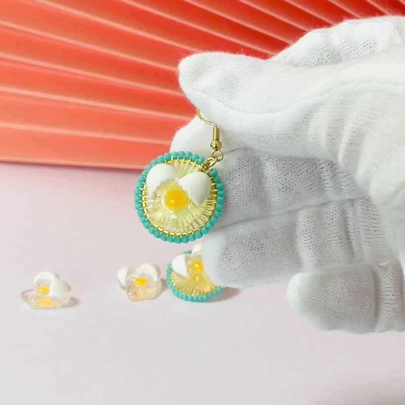 golden egg and blue-green sparkle earrings - Earrings & Clip-ons - Thread Yellow