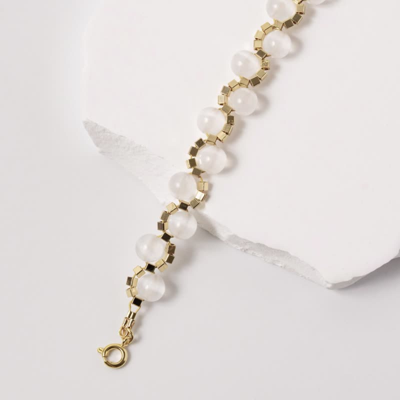 【法式浪漫】能量水晶/寶石/設計/飾品 | 貓眼石/14K | 純白之詩 - 手鍊/手環 - 寶石 白色