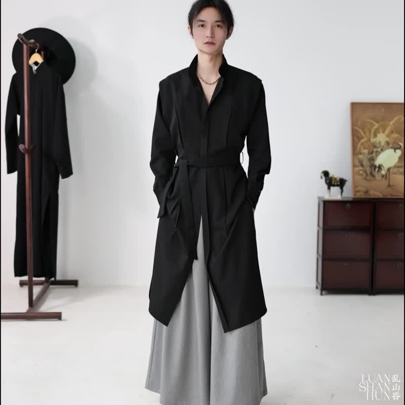 Luanshanhun new Chinese style chivalrous style original original collar long shirt black front double pleats to modify the body shape and versatile for daily use - เสื้อเชิ้ตผู้ชาย - เส้นใยสังเคราะห์ สีดำ