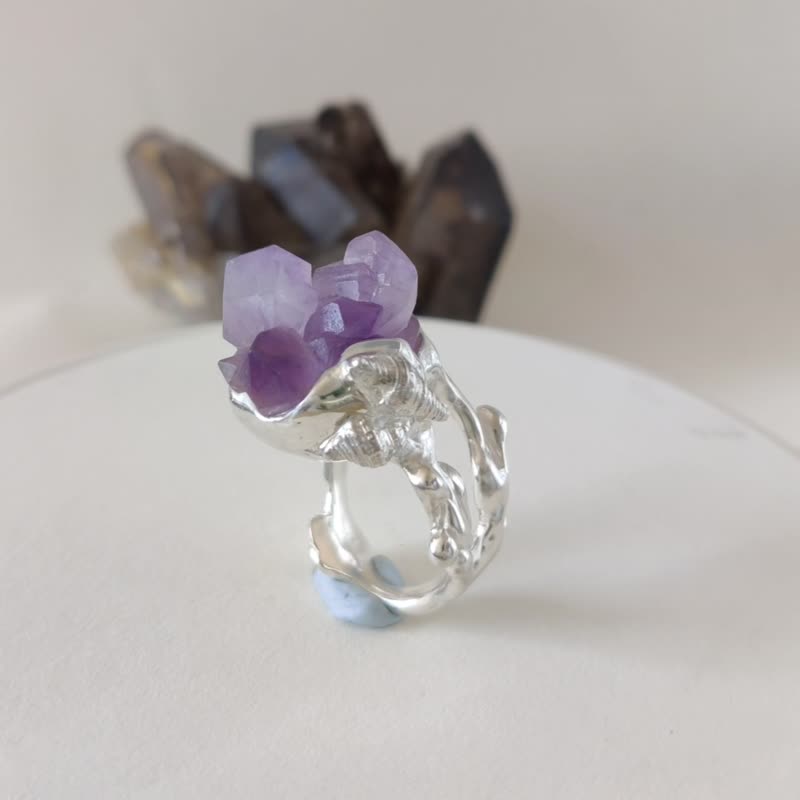 Original stone beauty 990 Silver amethyst original stone amethyst ore Silver open ring - แหวนทั่วไป - เงินแท้ สีม่วง