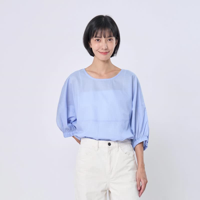 Opie棉質圓剪接寬版上衣 (2色) - 女襯衫 - 棉．麻 藍色