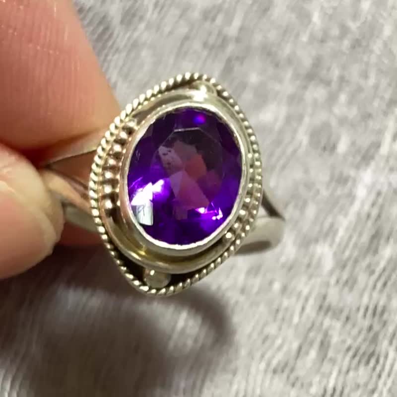天然 切面紫水晶 戒指 尼泊爾 手工製 925純銀 - 戒指 - 水晶 紫色