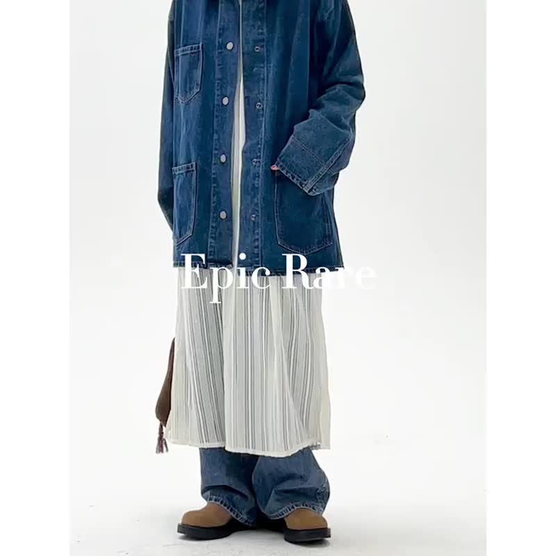 復古藍色 燈芯絨拼接領復古工裝牛仔外套 中性寬鬆休閒夾克 S-M - 外套/大衣 - 棉．麻 藍色