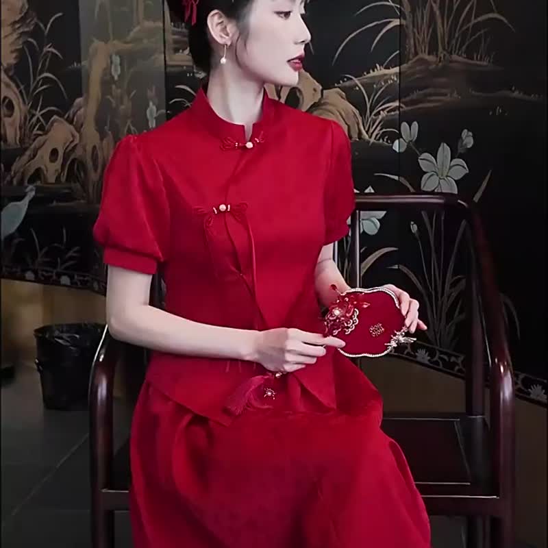 蔻丹 兩件式套裝 訂婚改良旗袍 新中式國風氣質 新娘婚禮敬酒禮服 - 旗袍/改良式旗袍 - 其他人造纖維 紅色