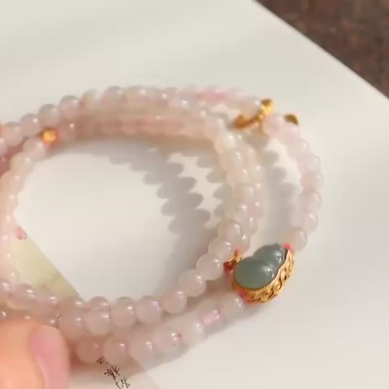 Natural lotus root powder and Hetian jade multi-circle bracelet ice-bottom lotus root pink with Silver-inlaid jadeite blessing and luck holiday gift - Bracelets - Stone 