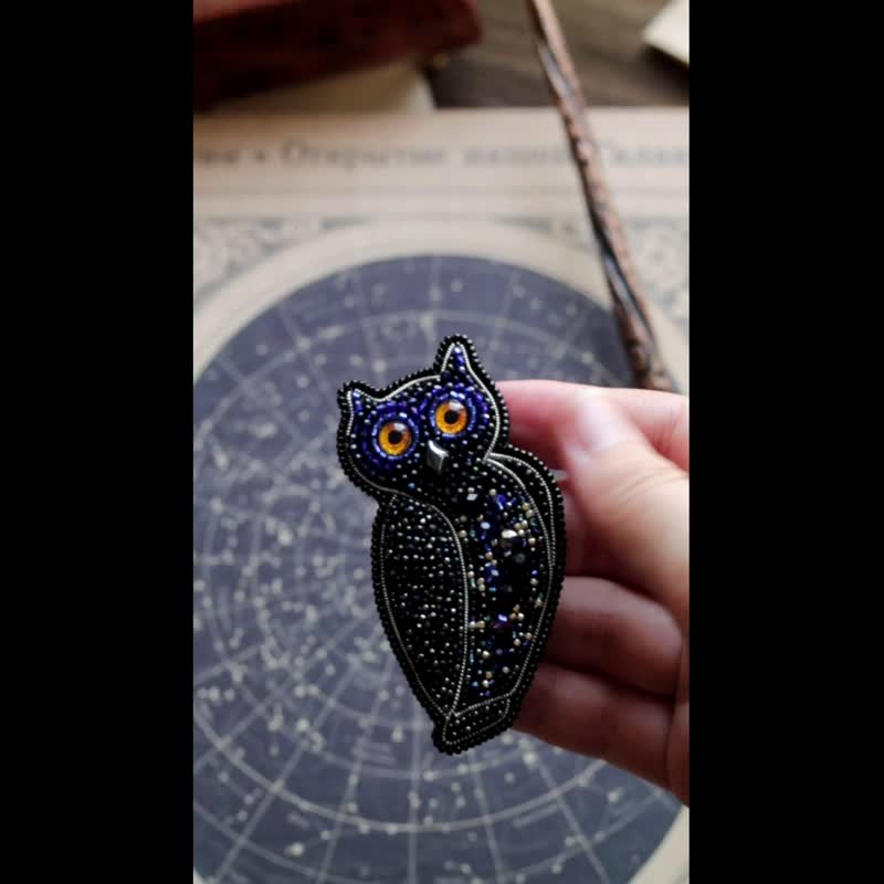 黒い夜フクロウの刺繍ブローチ、宇宙の鳥のブローチ、ハリー・ポッター