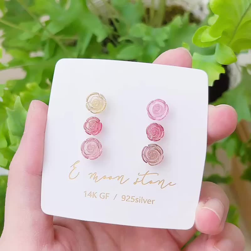 畢業級電氣石 玫瑰花碧璽半寶石耳針 純銀 - 耳環/耳夾/耳骨夾 - 寶石 粉紅色