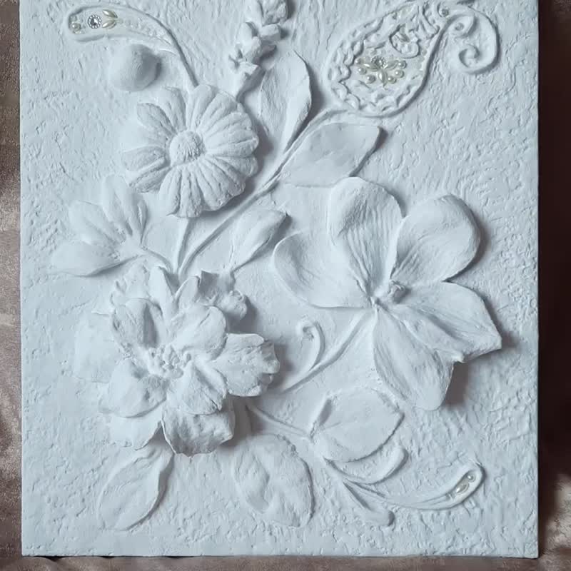 雕塑牆藝術帶珍珠的白色淺浮雕植物藝術品花卉 3d 石膏浮雕 - 壁貼/牆壁裝飾 - 其他材質 白色