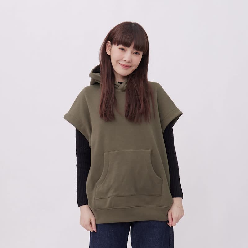 Amy Sleeveless Kangaroo pocket Fleece Hoodie Vest / Green - เสื้อฮู้ด - ผ้าฝ้าย/ผ้าลินิน สีเขียว