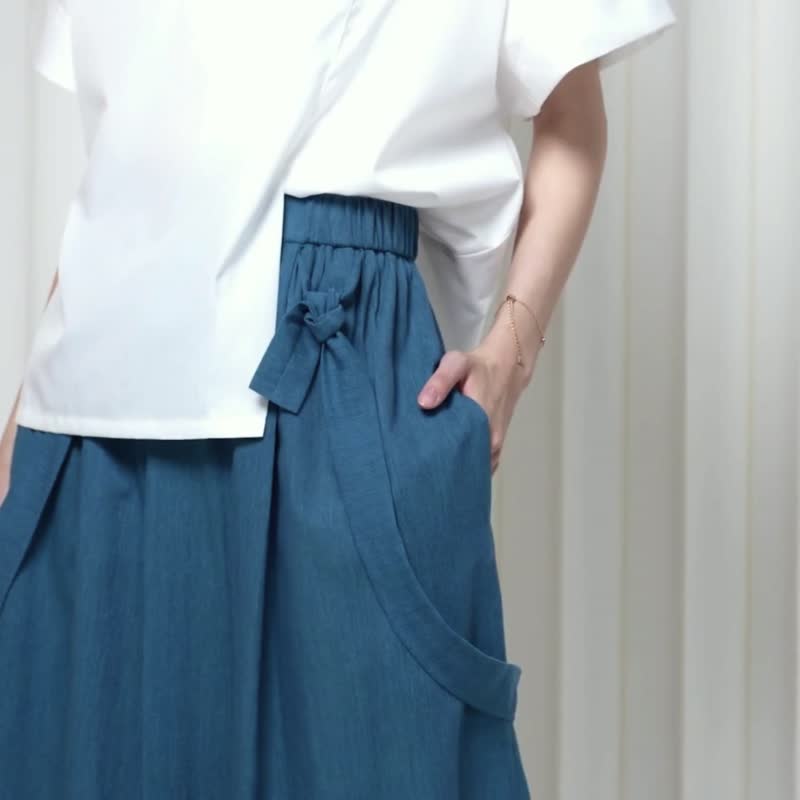 Classic multi-wear three-dimensional low-end pleated wide pants-Türkiye Blue - จัมพ์สูท - เส้นใยสังเคราะห์ สีน้ำเงิน