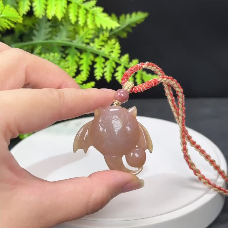 High-quality coral jade pendant, high-ice jade jelly body, hand-carved cute bat, good fortune and luck in front of you - Necklaces - Jade Orange