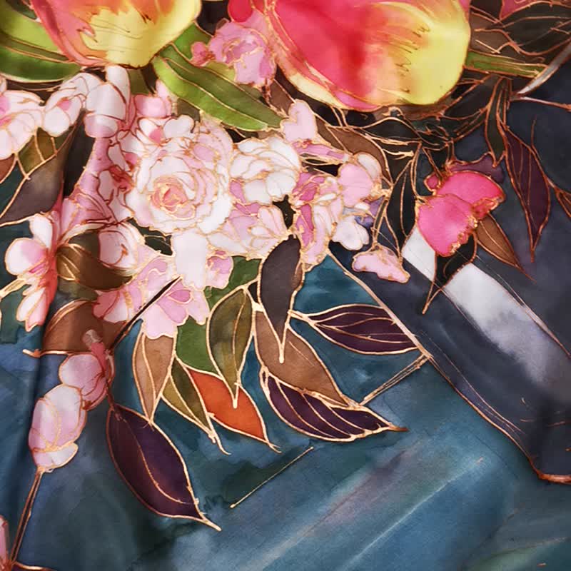 Hand painted Silk Shawl- Blossomed Tulips - Scarves - Silk Green