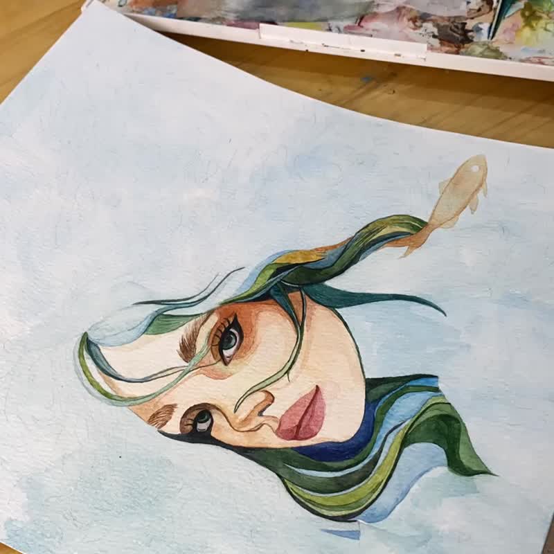 Original watercolor painting -fish, underwater world, blue, nature, female image - 壁貼/牆壁裝飾 - 紙 多色