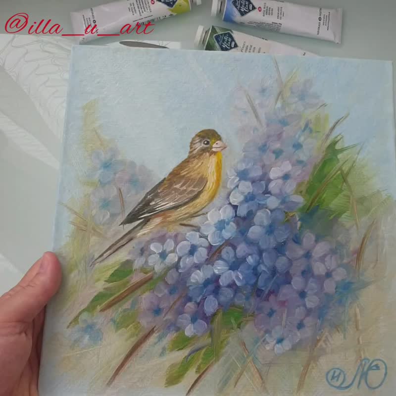 Bird Painting Flower Original Art Animal Wall Art Floral Artwork Oil Painting - โปสเตอร์ - วัสดุอื่นๆ หลากหลายสี