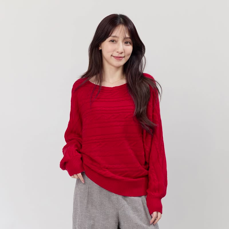 Bonnie一字領麻花蝙蝠袖針織毛衣 紅 - 女毛衣/針織衫 - 棉．麻 紅色