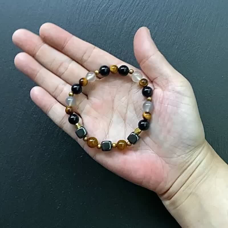招財避邪-黑膽石x黑曜石x虎眼石x龍麟瑪瑙x灰瑪瑙黃銅手鍊 客製化 - 手鍊/手環 - 水晶 多色