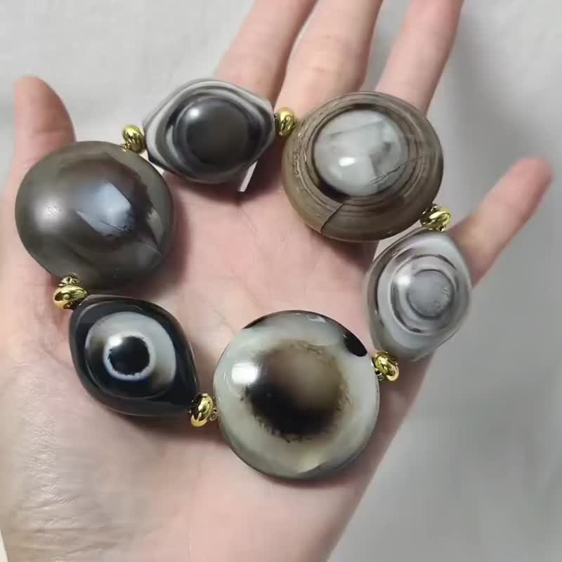 稀有 纏絲瑪瑙 天珠 雙天眼 招財 收藏級 大寶石 手鍊 單品 禮物 - 手鍊/手環 - 寶石 黑色