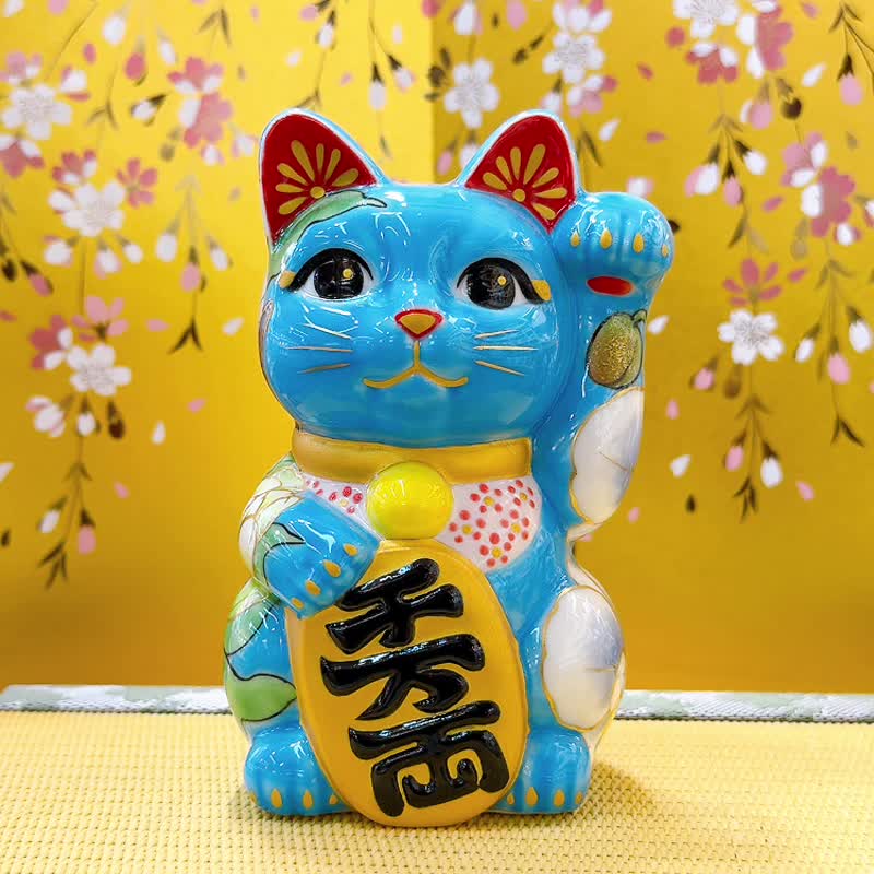 【洋花迎緣】日本清水燒招財貓 | 水色 - 洋花 - 擺飾/家飾品 - 瓷 藍色