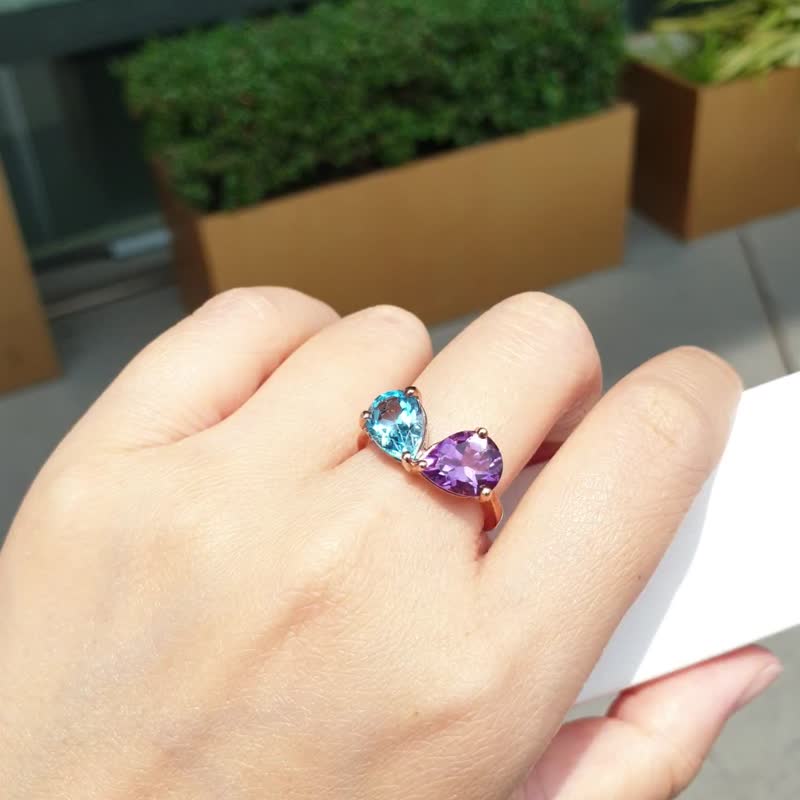 Blue topaz and amethyst ring, 925 rose gold plated Silver . - 戒指 - 寶石 多色