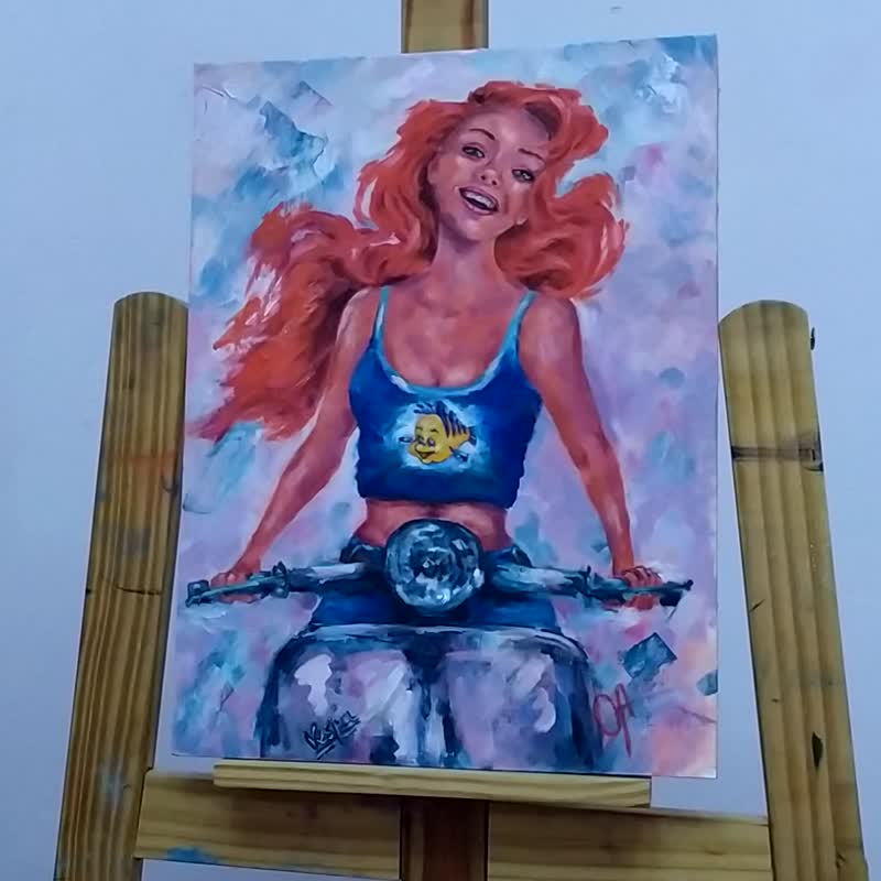 油畫。小美人魚愛麗兒。卡通公主。 - 海報/掛畫/掛布 - 紙 紅色