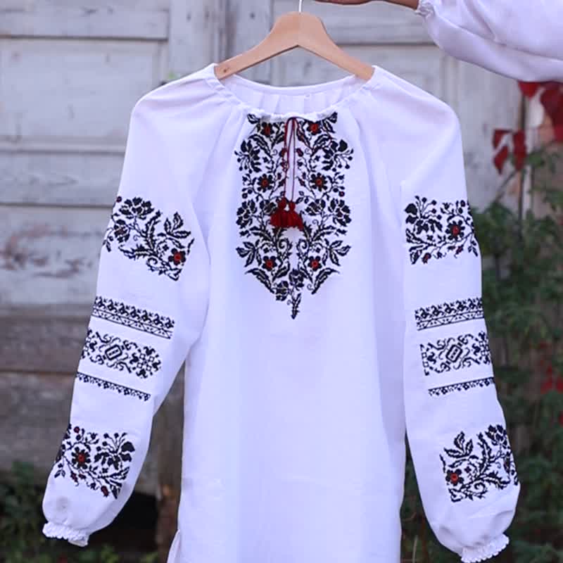 Elegant  Woman Folk Nouveau Blouse, Modern Black Embroidered Shirt - Women's Shirts - Other Materials White