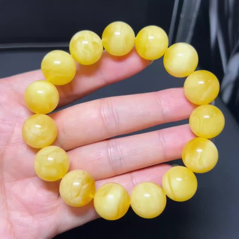 天然波羅的海蜜蠟圓珠手串原礦無優化 俄料雞油黃飄白花 - 手鍊/手環 - 水晶 