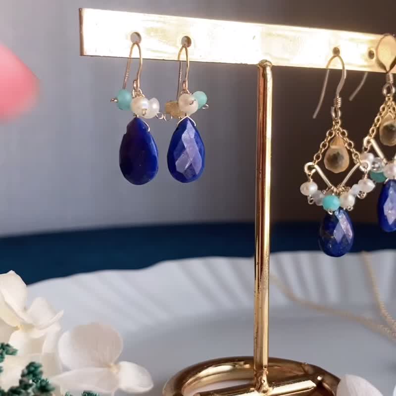 Prince of Galaxy 14KGF Lapis Lazuli earrings / Birthstone of December - Earrings & Clip-ons - Gemstone Blue