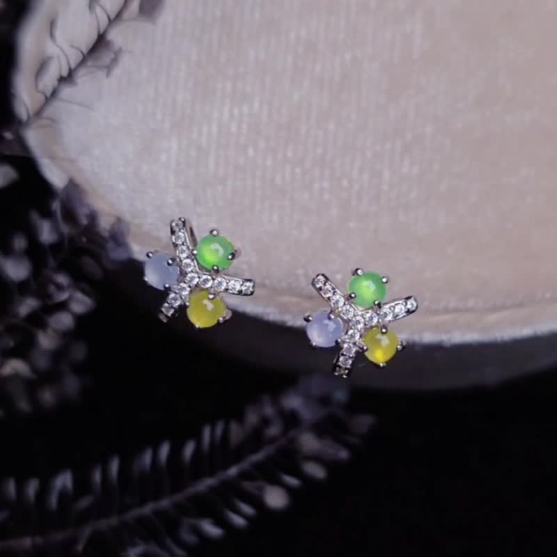 招財•貴人•轉運|冰玻放光馬卡龍三彩|緬甸A貨翡翠純銀多寶耳環 - 耳環/耳夾/耳骨夾 - 玉石 