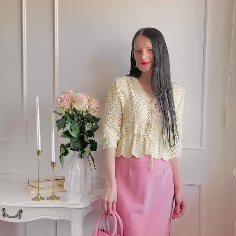 Lace knit sweater blouse V neck cardigan Hand knitted sweater for women - 女毛衣/針織衫 - 棉．麻 