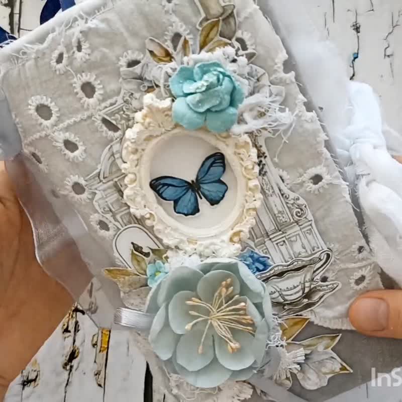 美麗的婚禮花束日記 手工製作的玫瑰筆記本 花邊浪漫日記 - 筆記本/手帳 - 紙 藍色