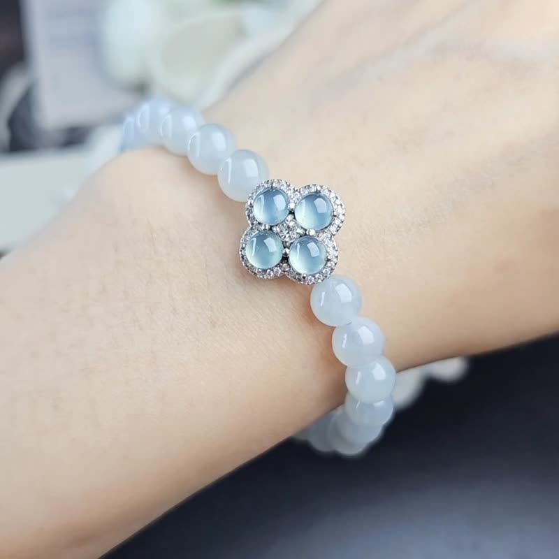 Good Luck•Wealth|Langang Four-leaf Clover|Myanmar Jade Bingjiao Sky Blue Beads Sterling Silver Multipurpose Table Bracelet - สร้อยข้อมือ - หยก 