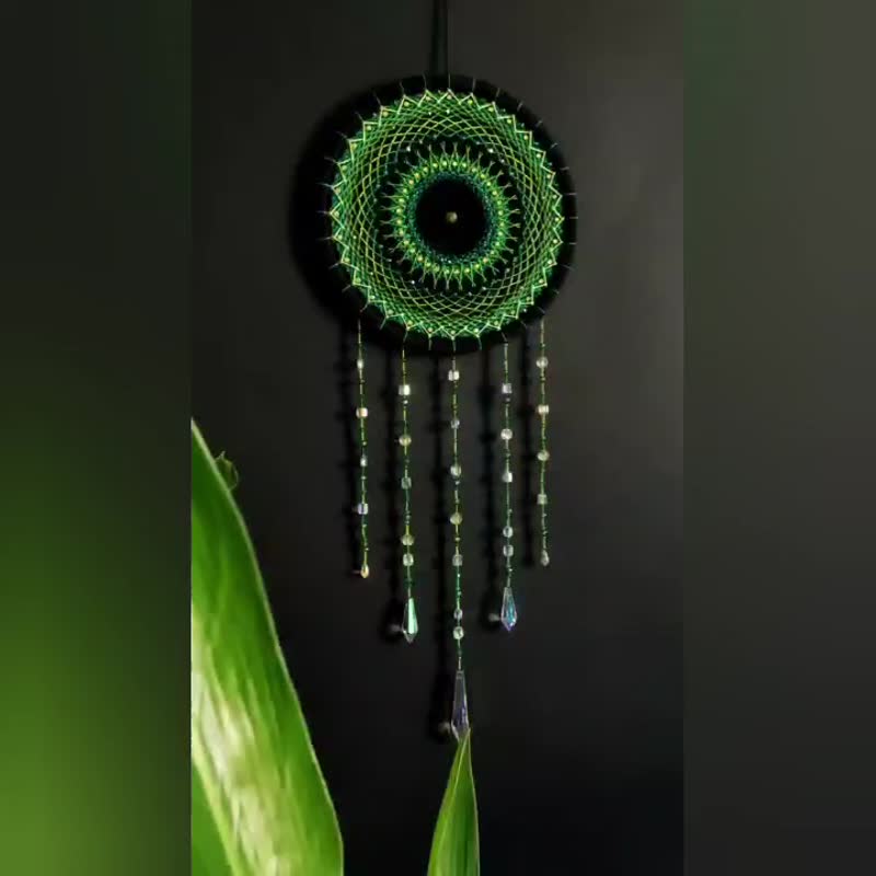 Handmade Green and Black Dream Catcher with Beads and Crystals - Wall Décor - Glass Green