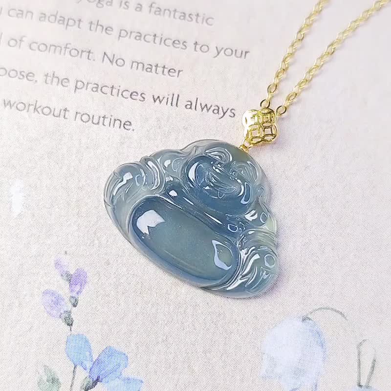 18k|Lucky and Happy Buddha|A-grade jadeite ice glass blue water Buddha 23mm customized pendant necklace - Necklaces - Jade 