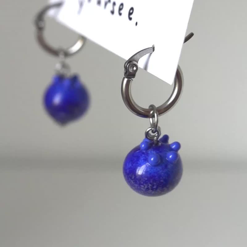 Blueberry Earrings Stainless Steel with handmade blueberry Murano glass bead pendant - Earrings & Clip-ons - Glass Blue